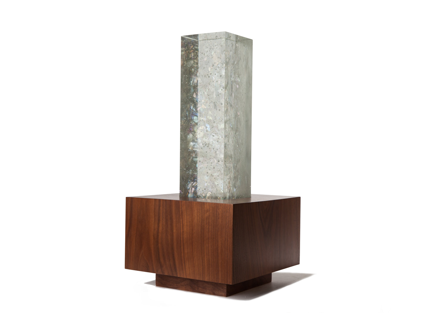 Picture of a beautiful glass and walnut wood cremation urn on sale at Muses Design Urns. Right side view.