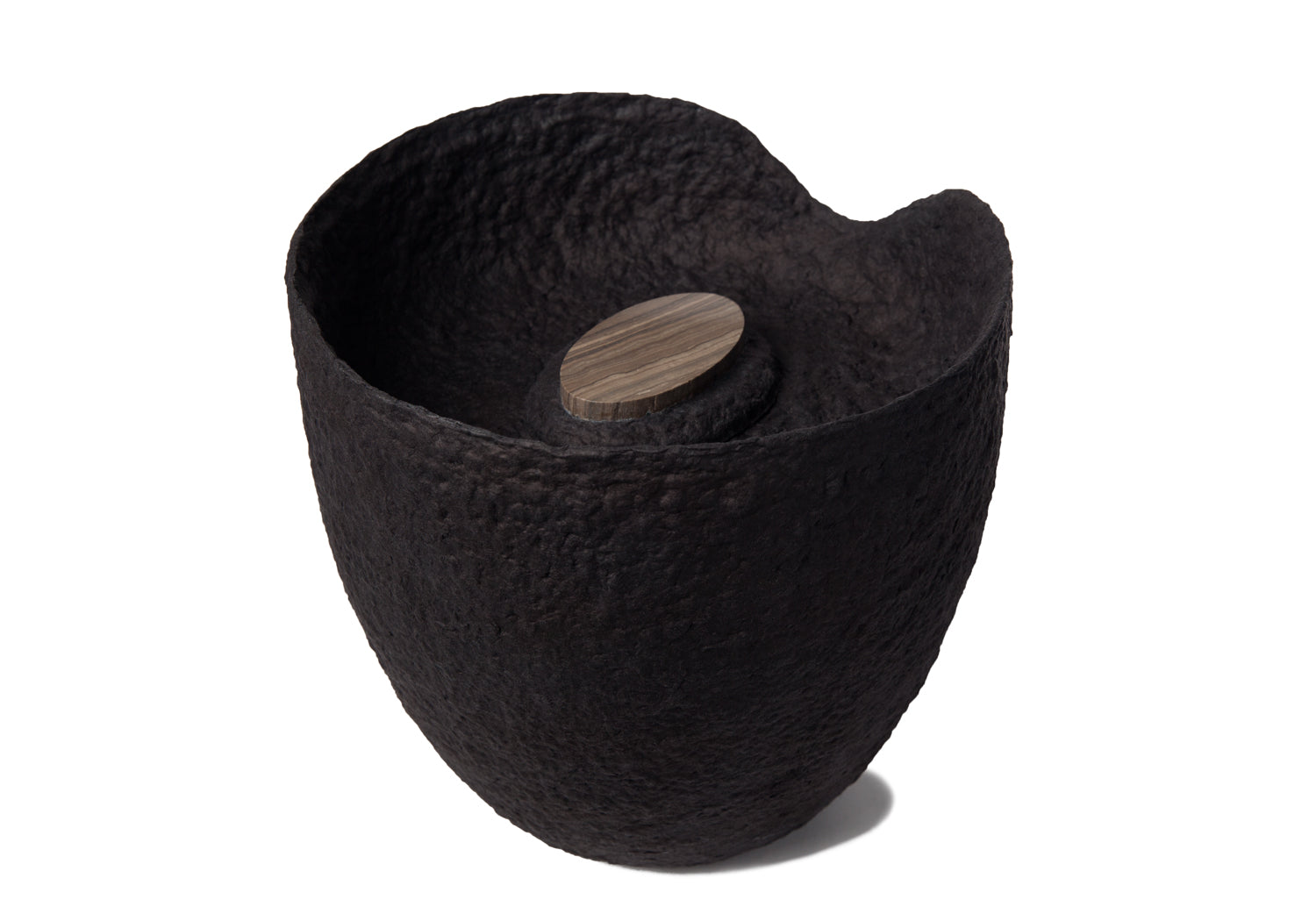 Picture of a black ovoid biodegradable cremation urn on sale at Muses Design Urns.Back view.