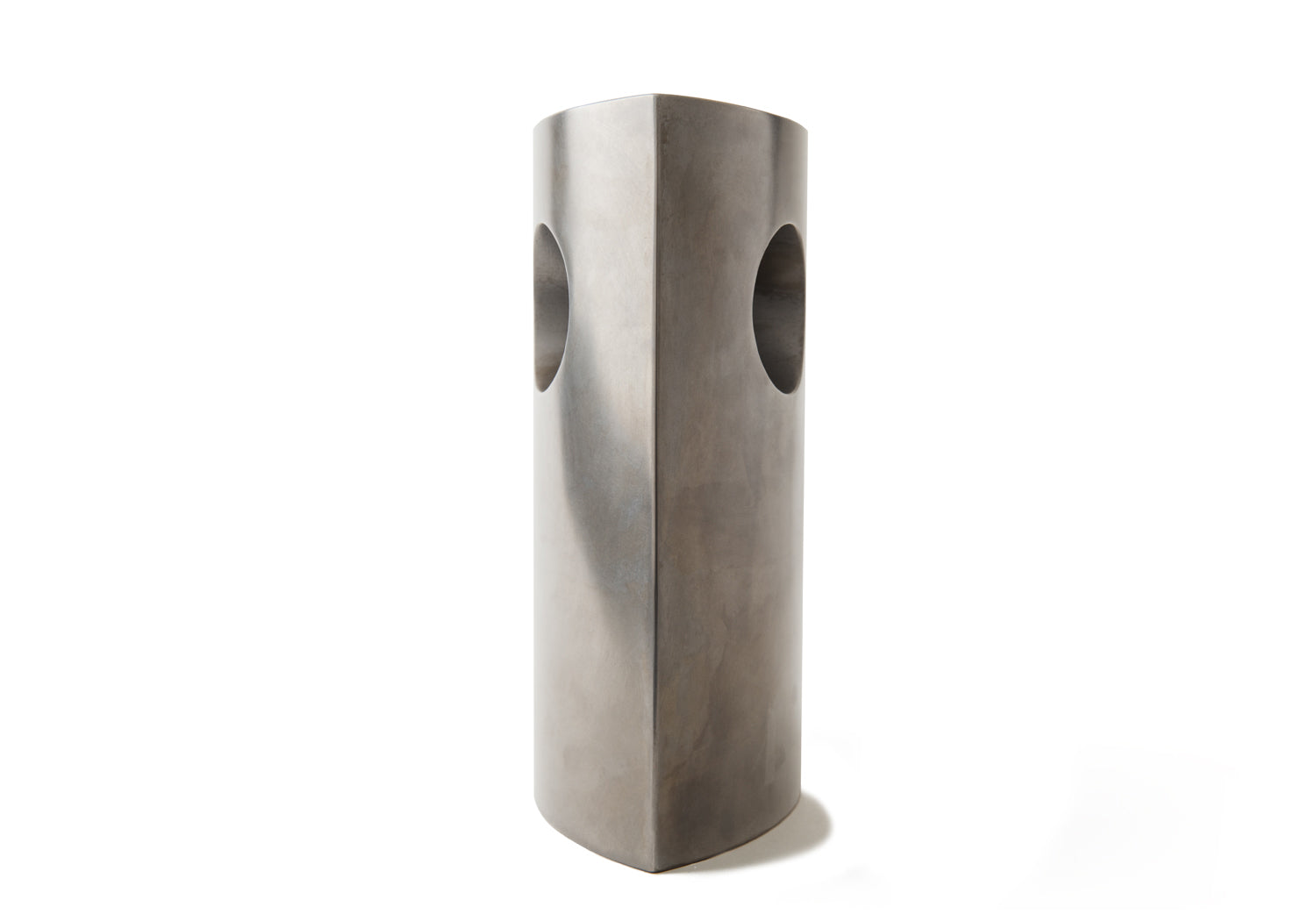 Picture of a beautiful stainless steel cremation urn on sale at Muses Design Urns. Left side view.