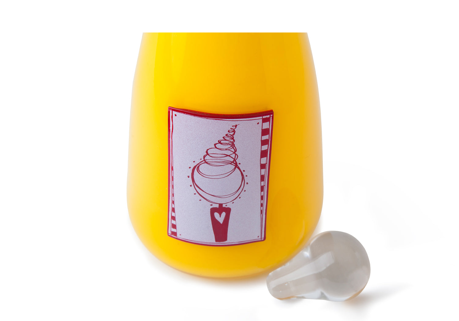 Picture of a bright yellow blown glass vase cremation urn for children on sale at Muses Design Urns. Close-up view with the lid.