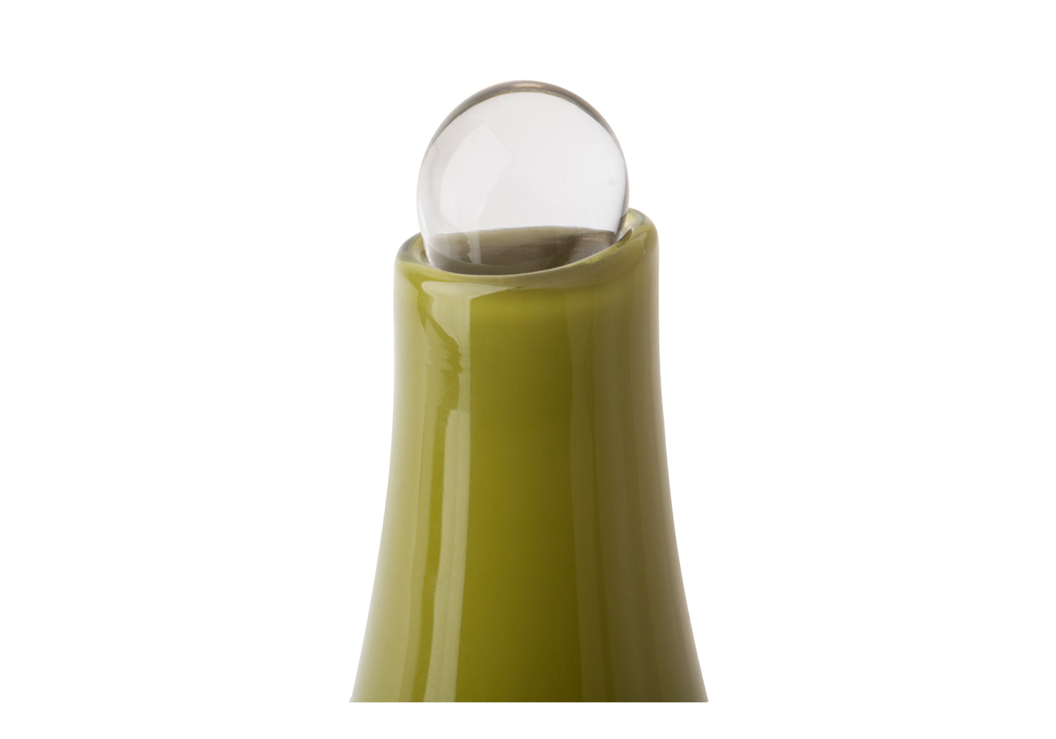Picture of an olive green blown glass vase cremation urn for dogs or cats on sale at Muses Design Urns. Top view.