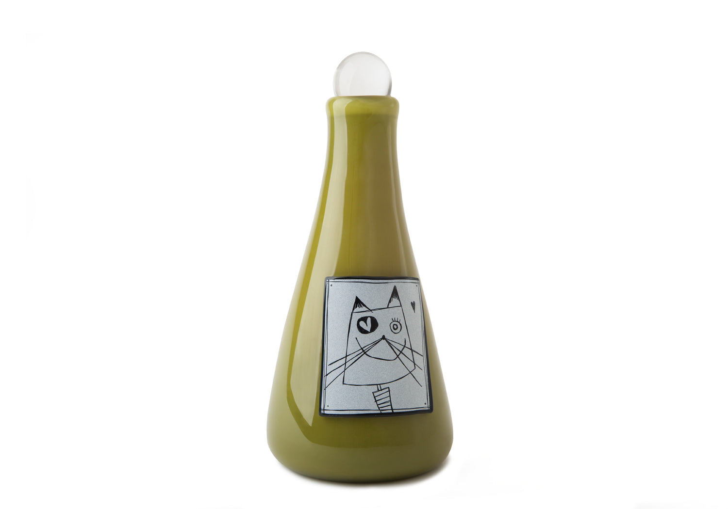 Picture of an olive green blown glass vase cremation urn for cats on sale at Muses Design Urns. Front view.